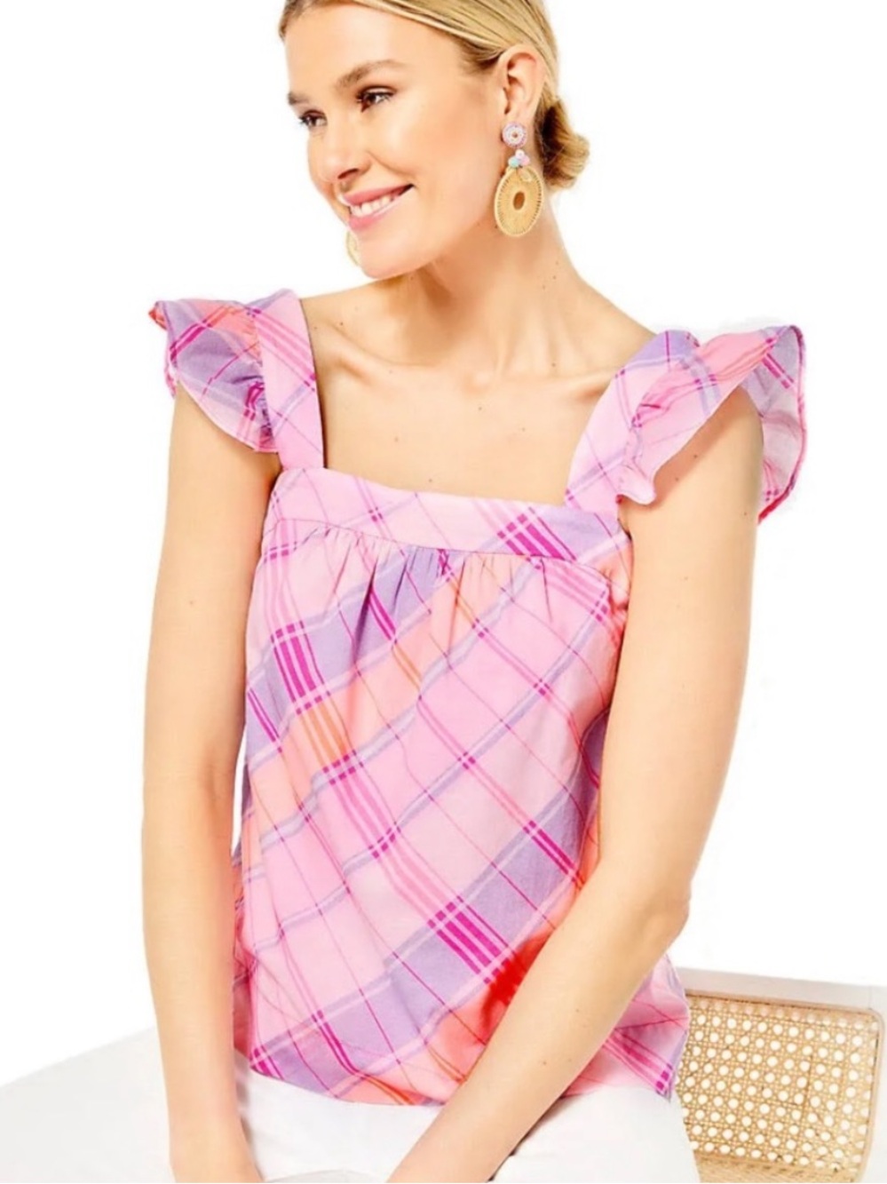 Lilly Pulitzer Pink, Purple & Coral Plaid Ruffle-Shoulder Tank Reyna Top